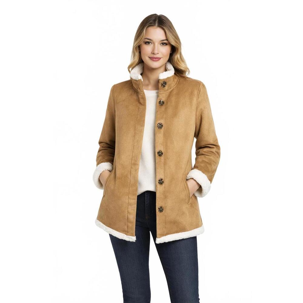 Appleseed’s Sherpa Lined Faux Suede Button Front Jacket - Camel Brown - Size PS